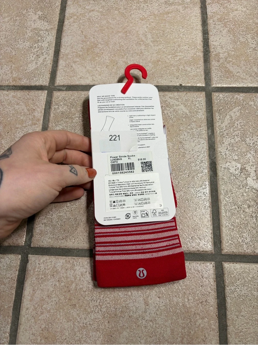 NWT Lululemon Power Stride Socks *Crew Length (Oxford Red Stripe) Size XL